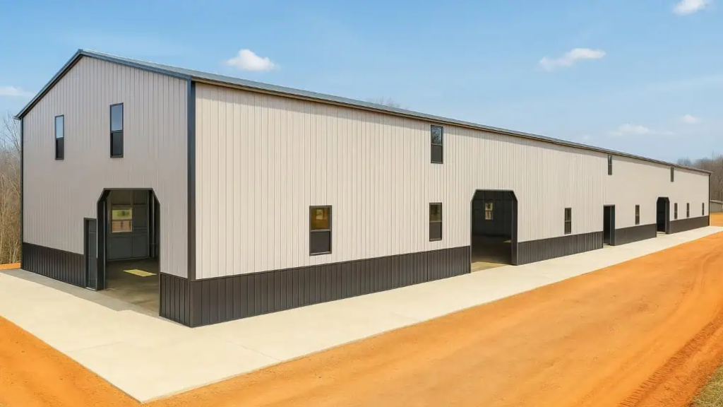 Tan horse barn with open doors, white accents, and a concrete driveway under a blue sky.