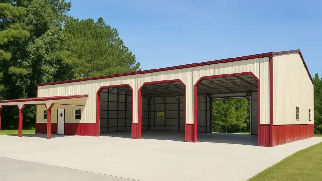 Red metal garage with three white roll-up doors against a blue sky.