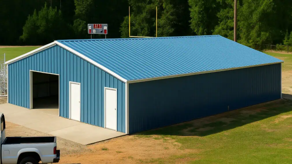 Dark grey metal building with two garage doors and carports, on a concrete slab, car parked on the left.