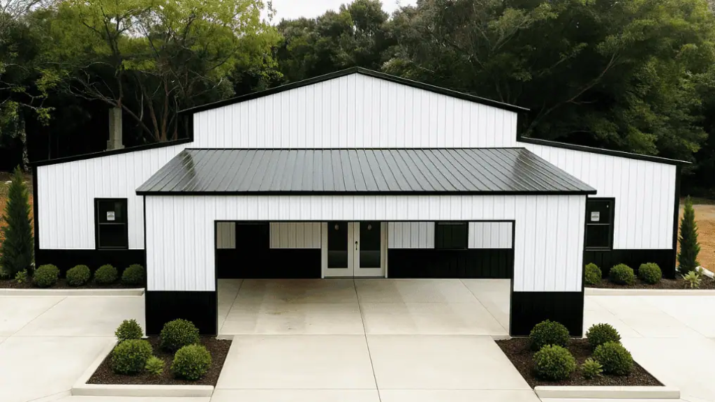 Gray metal garage with two bays and an open carport.
