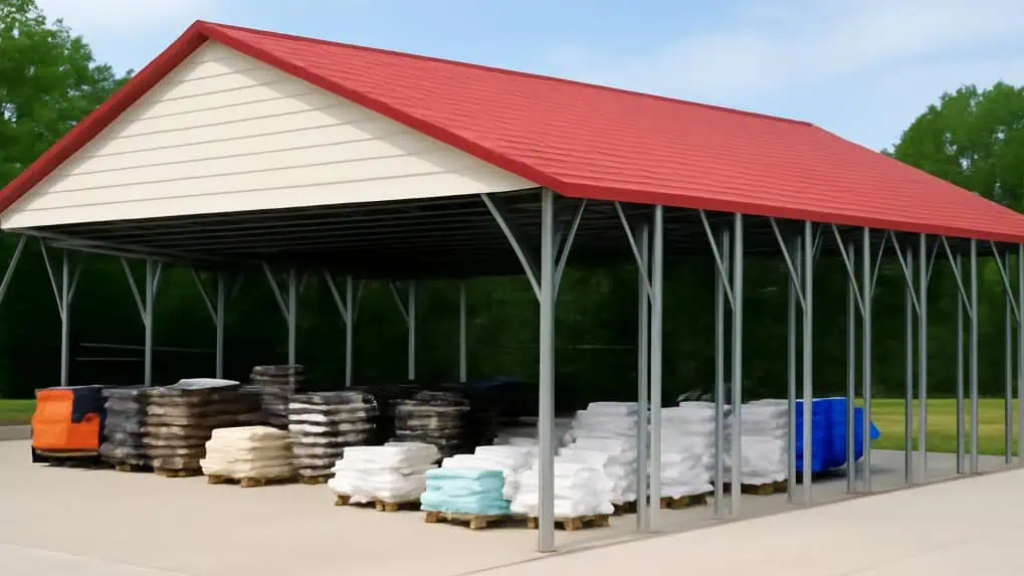 Tan barn with green roof and open entrance on a concrete pad, bordered by a wooden fence.