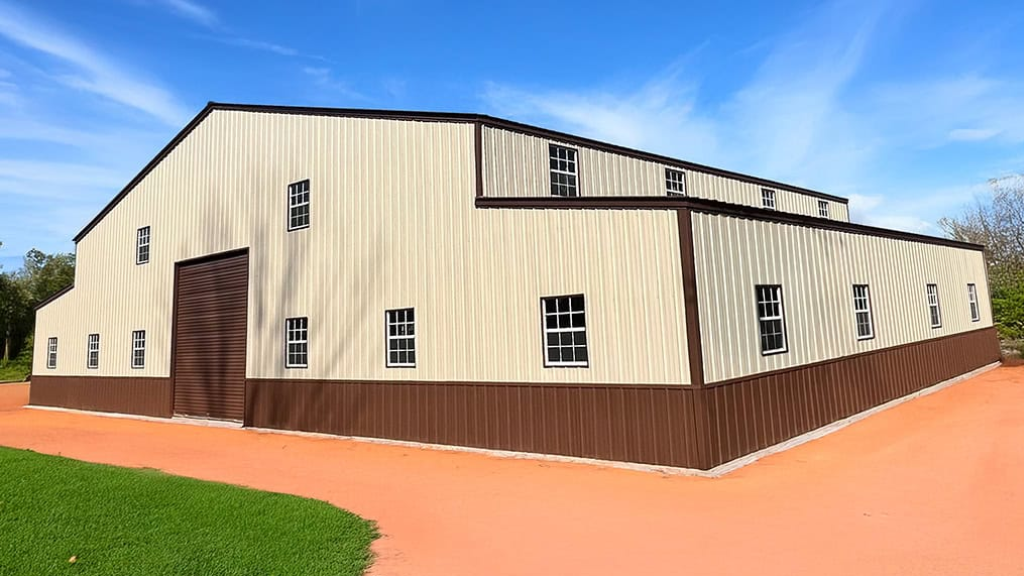 Green metal barn with open entrance, set in a grassy field with trees and blue sky.