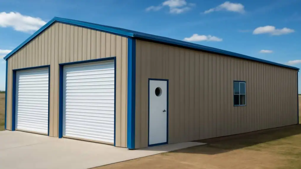 Dark blue metal garage with three bays, illuminated overhead and by small lights on a gravel ground.