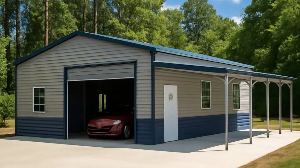 Tan and red metal building with three garage door openings, red roof, and concrete slab.
