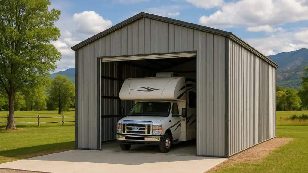 Gray metal RV garage with a white RV inside, on a concrete pad, surrounded by grass and trees.