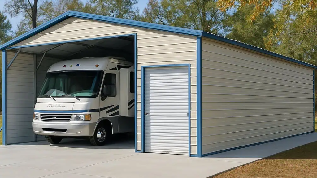 A gray metal RV garage with a white RV inside, set against a backdrop of nature.