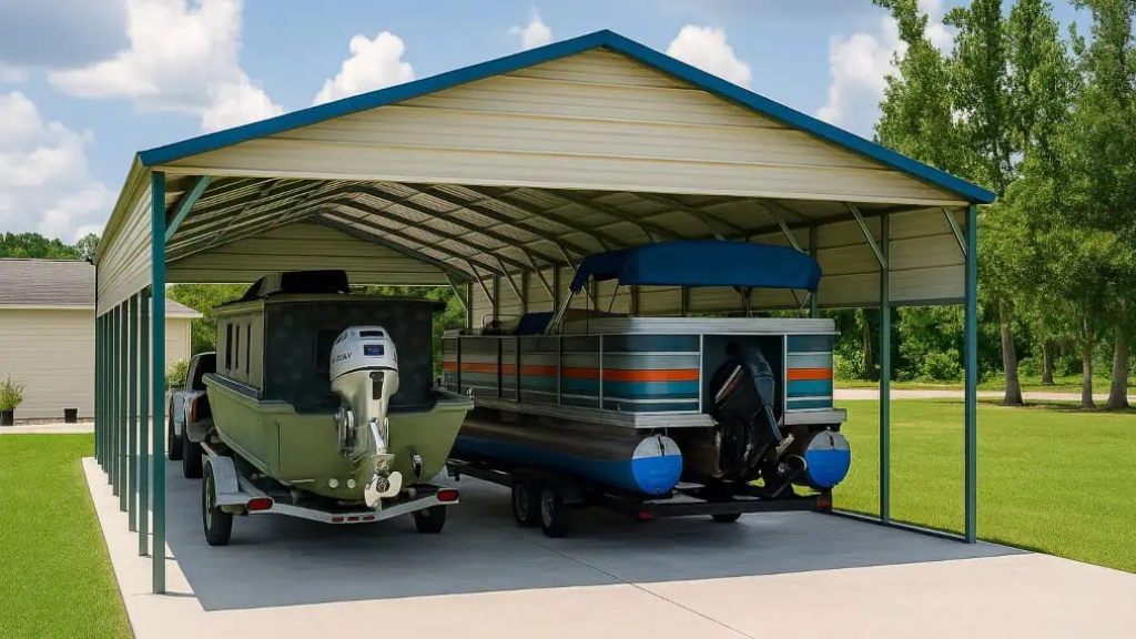 A gray metal RV garage with a white RV inside, set against a backdrop of nature.
