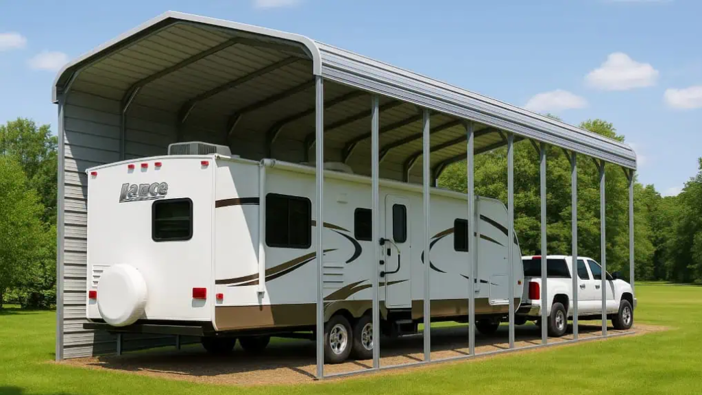 Metal carport with a gray roof on a concrete pad, in a yard with a fence and a mobile home.