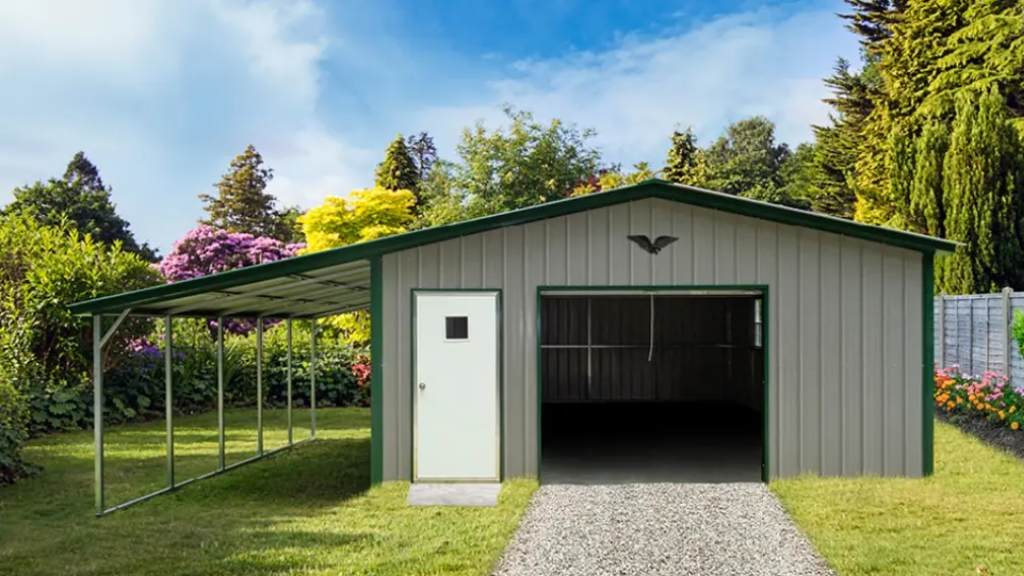 Two-car metal garage with white doors, black trim, and a gravel driveway under a blue sky.