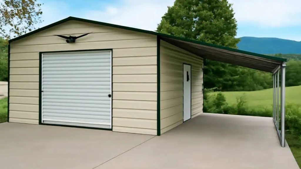 Steel gray garage with blue roof and white door, set on green grass with gravel path.
