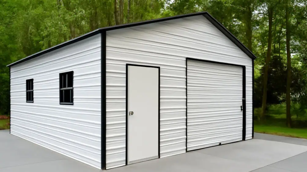 Metal garage with carport, green trim, open door, white door, gravel path, and backyard setting.