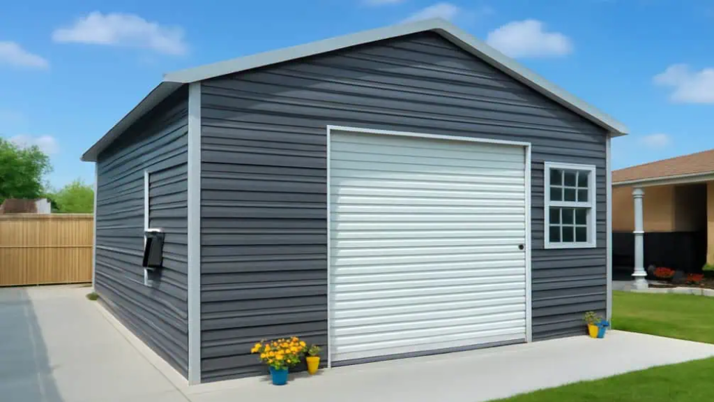 Tan metal building with green trim, garage door, carport, and white door on concrete.