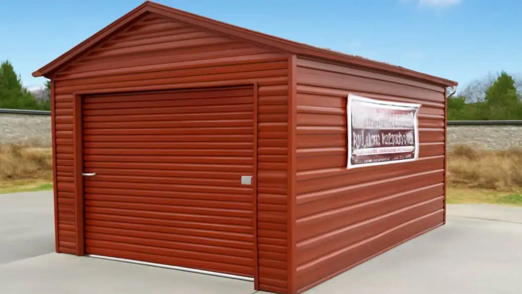 White metal garage with black trim, featuring a roll-up door, walk-in door, and small window.