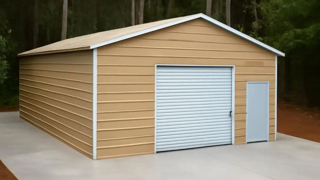 Tan metal garage with brown trim, open door facing a grassy field under a cloudy sky.