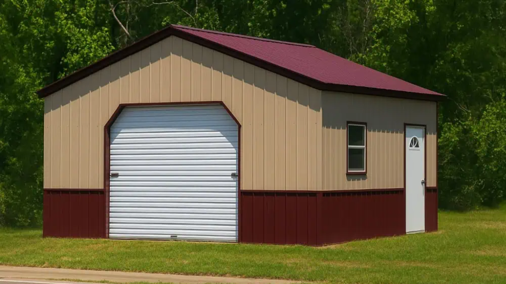 Two-car metal garage with white doors and a small door between them, on a paved driveway. Autumn trees in the background.