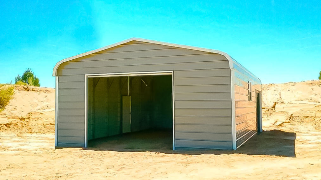 Two-car garage with red and white siding, red trim, and a concrete slab, set in a grassy area.