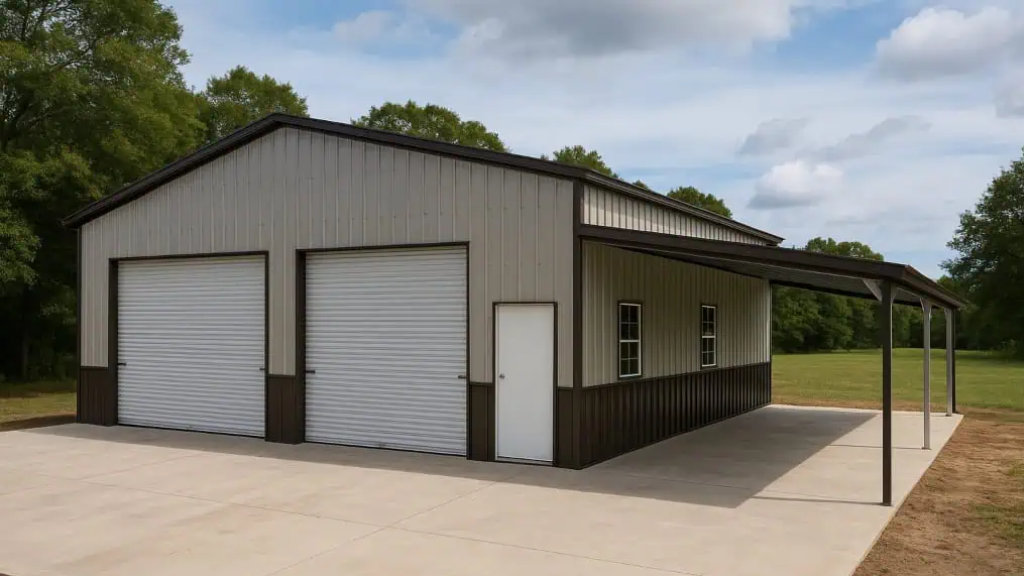 Metal garage with carport, green trim, open door, white door, gravel path, and backyard setting.