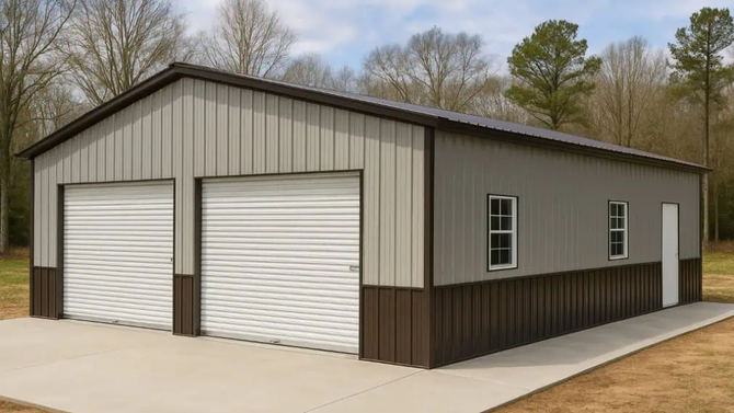 Two-car garage with light brown siding, two gray garage doors, a side door, and white roof. Set on a concrete pad.