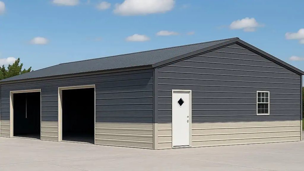 Metal garage with two doors, a side door, and a carport. Beige and brown siding on a concrete pad.