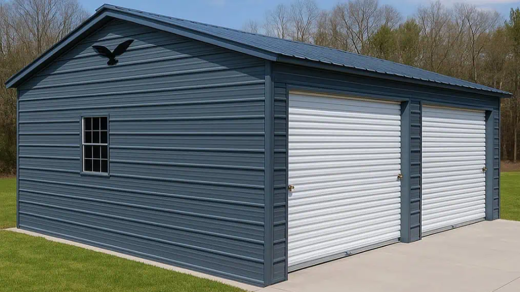 Tan-sided two-car garage with light blue garage doors, white door, and white roof; set in front of trees.