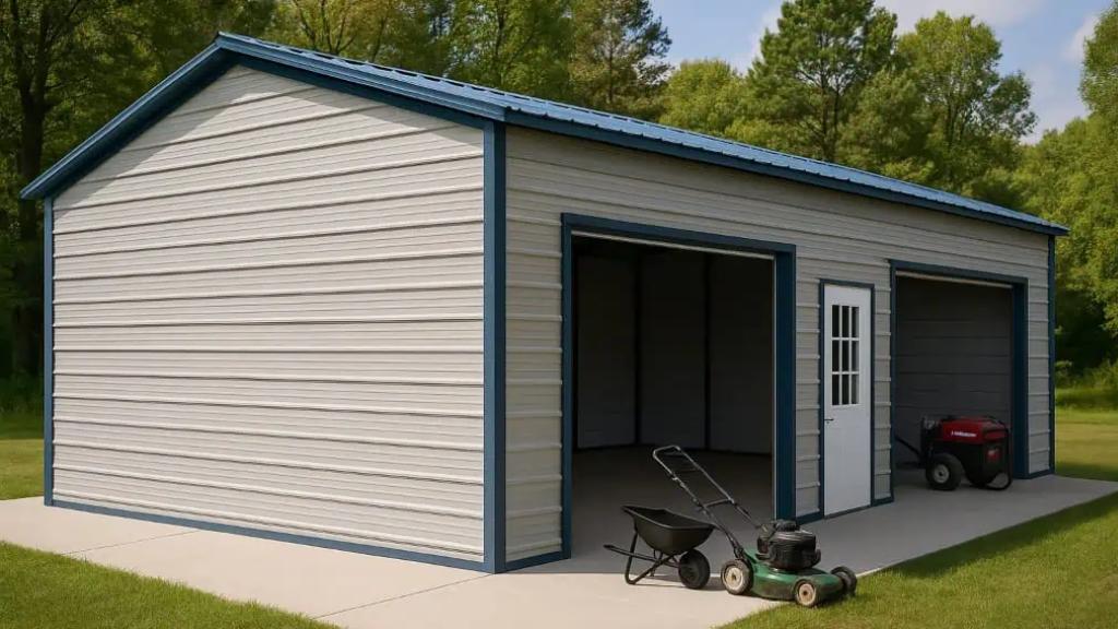 Tan garage with two light blue roll-up doors, on concrete driveway, green trim, blue sky.