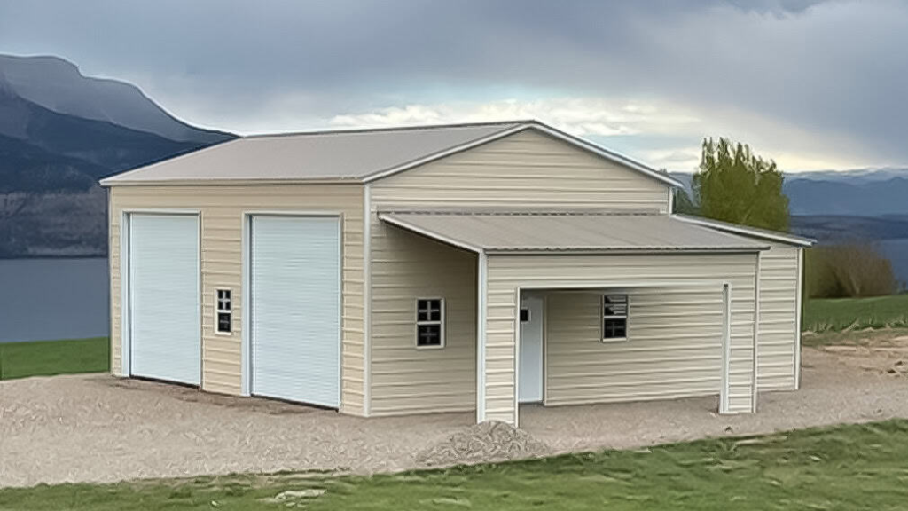Two-car gray metal garage with white trim, roll-up doors, and a side door, set on concrete with a lawn backdrop.