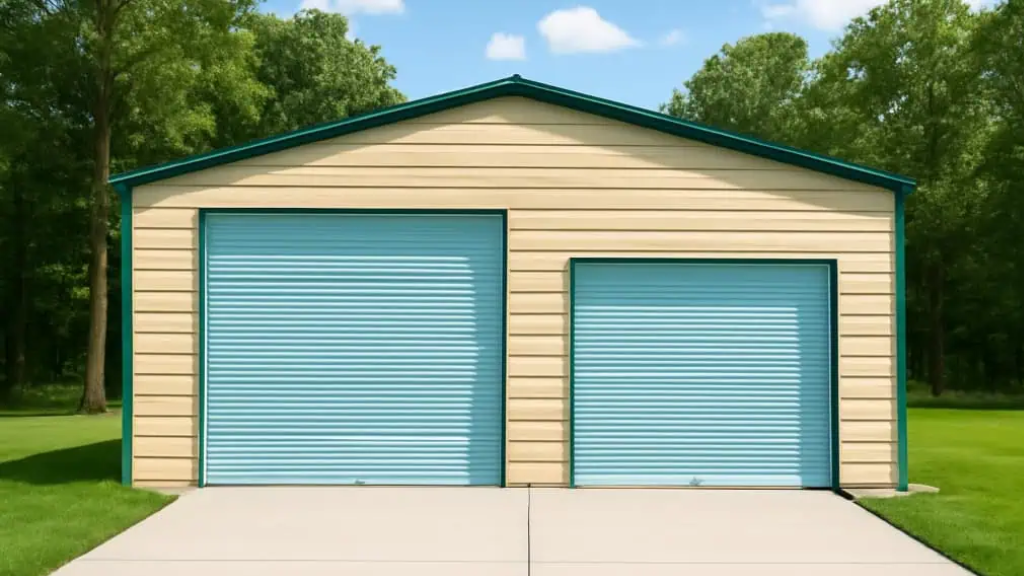 Blue and white metal two-car garage with roll-up doors, set against a blue sky with trees and grass.