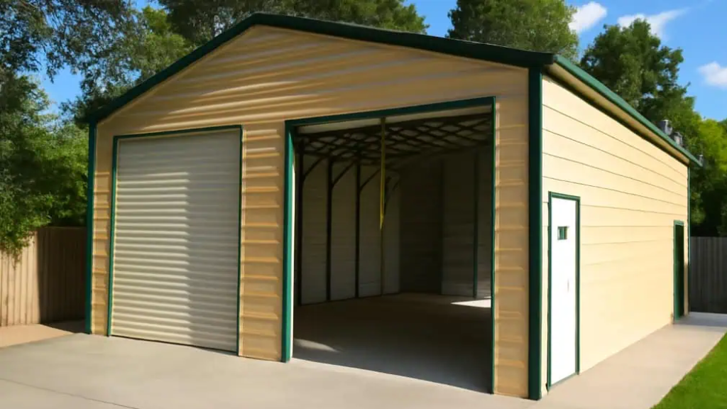 Steel building with large garage door, small door, and open carport under a blue sky.