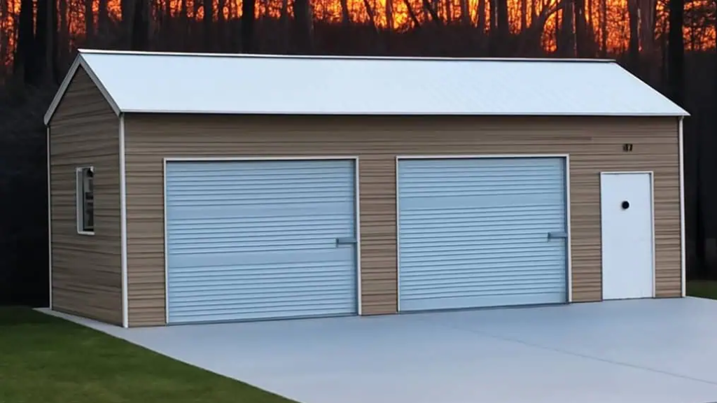 Metal garage with gray siding and white roll-up door, set on concrete.