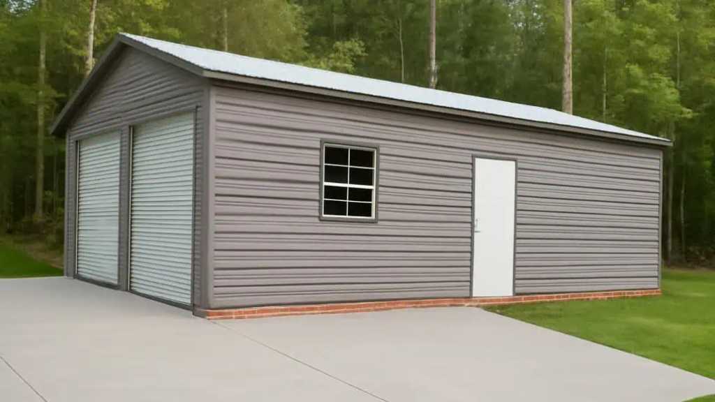 Tan and brown metal garage with an open door and fence.