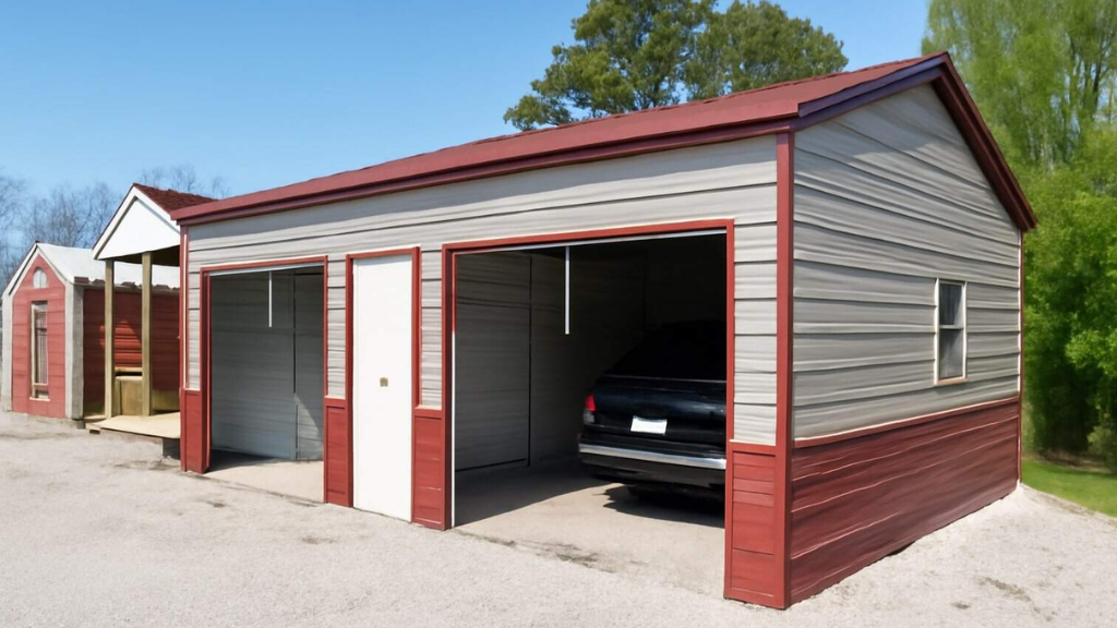 Tan metal garage with white door and open bay, set on grass.