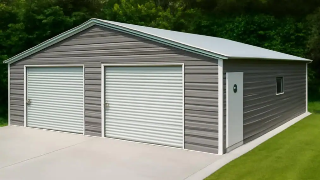 Three-bay garage with grey siding, white garage doors, and a side door with a blue roof.