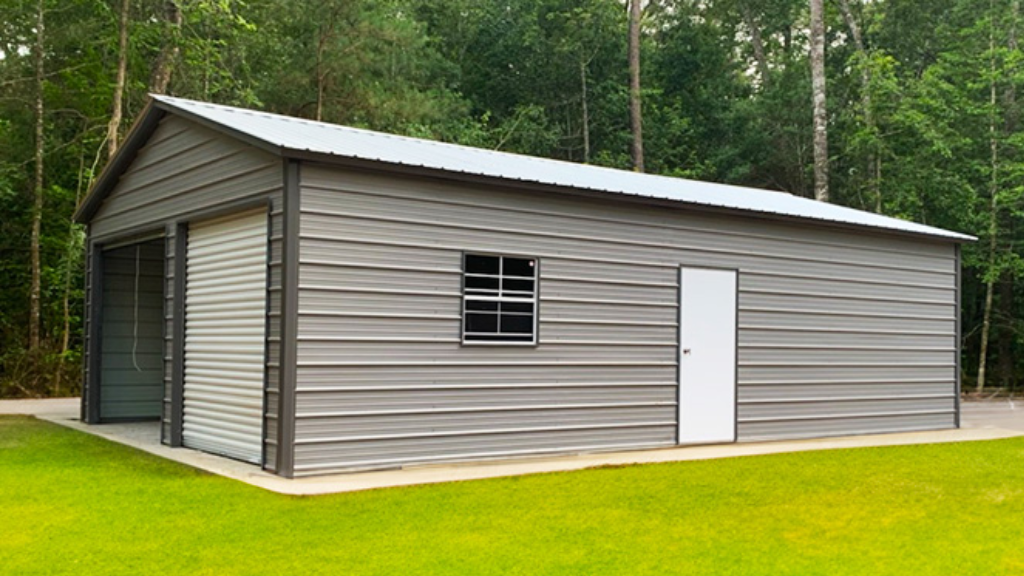 Tan and brown metal garage with an open door and fence.