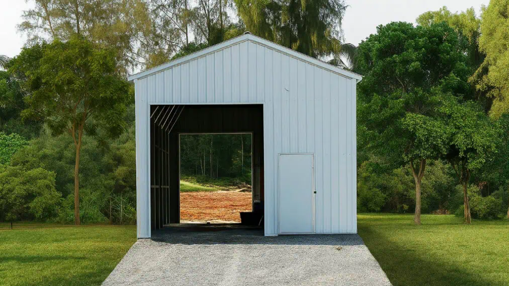 Tan metal garage with white door and open bay, set on grass.