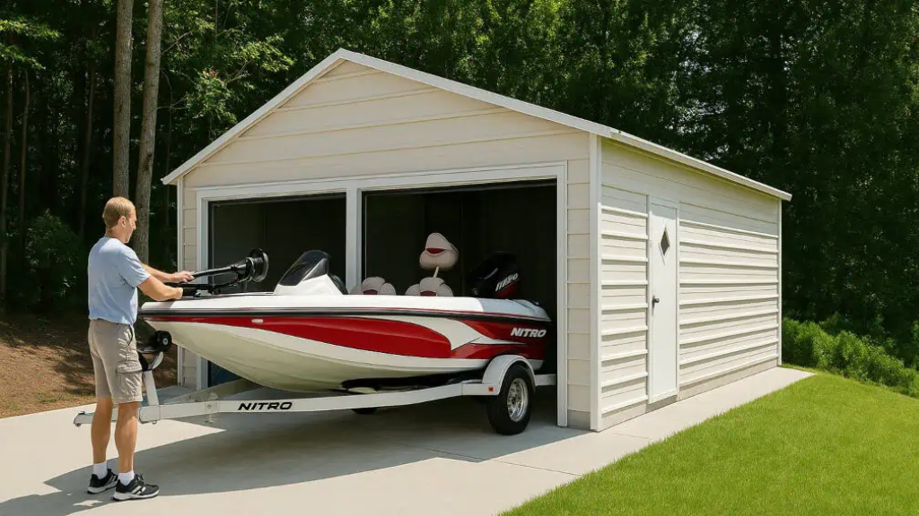 Three-bay garage with grey siding, white garage doors, and a side door with a blue roof.