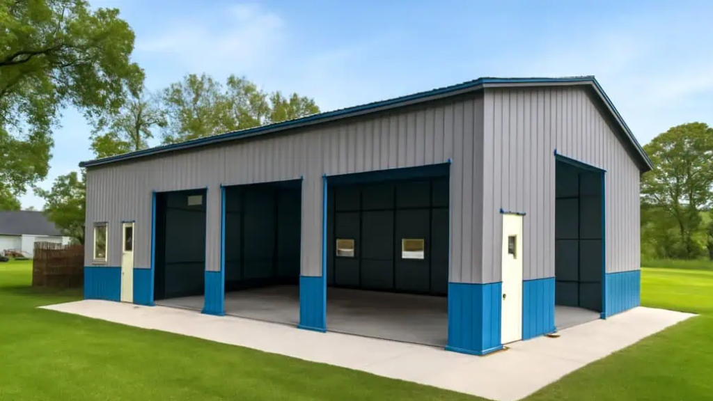 Tan and brown metal garage with an open door and fence.