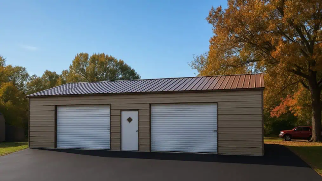 Three-bay garage with grey siding, white garage doors, and a side door with a blue roof.