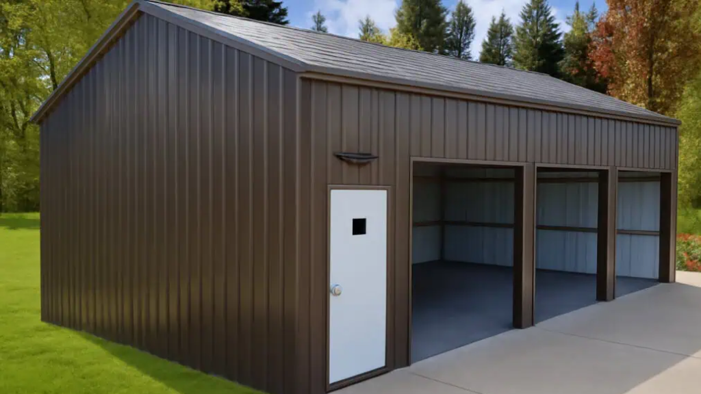 Tan and brown metal garage with an open door and fence.