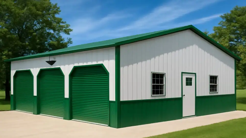 Tan metal garage with white door and open bay, set on grass.