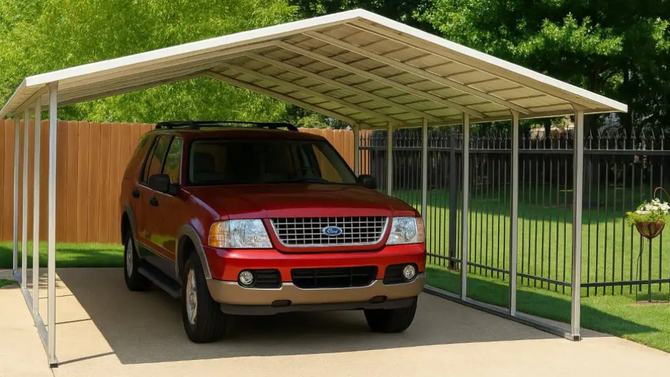 Metal carport with a gray roof, concrete floor, and a backyard setting.