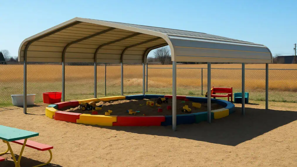 Red and white metal carport on a grassy field.