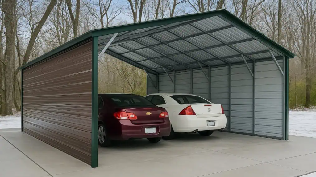 Metal carport with red gable, sheltering a concrete pad outdoors.