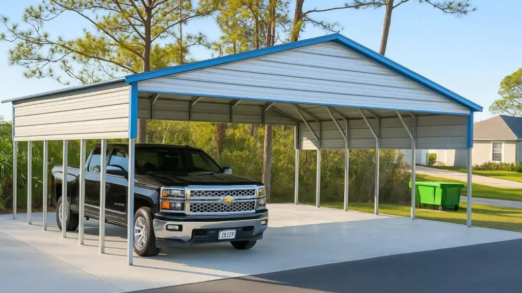 Black truck parked under a silver and blue carport on a concrete pad near a residential area.