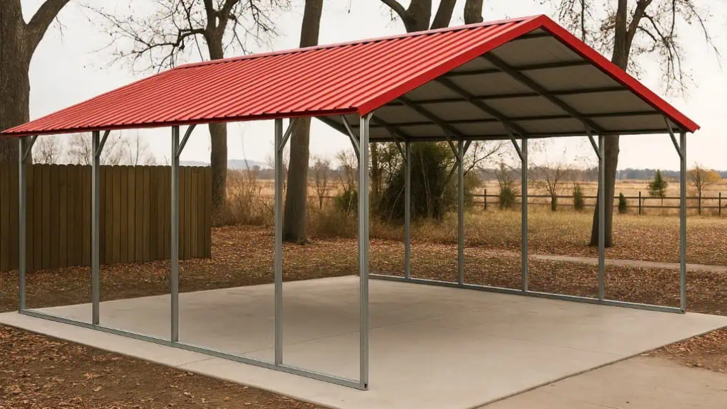 Metal carport with open sides, light beige trim, concrete floor, blue trash can.