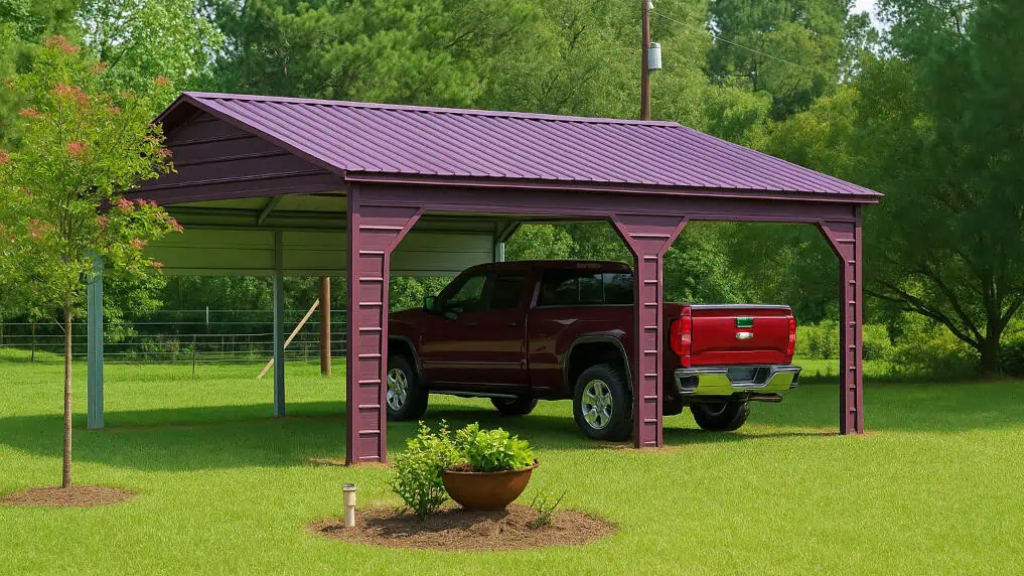 Tan metal carport with two vehicles parked inside on a driveway.