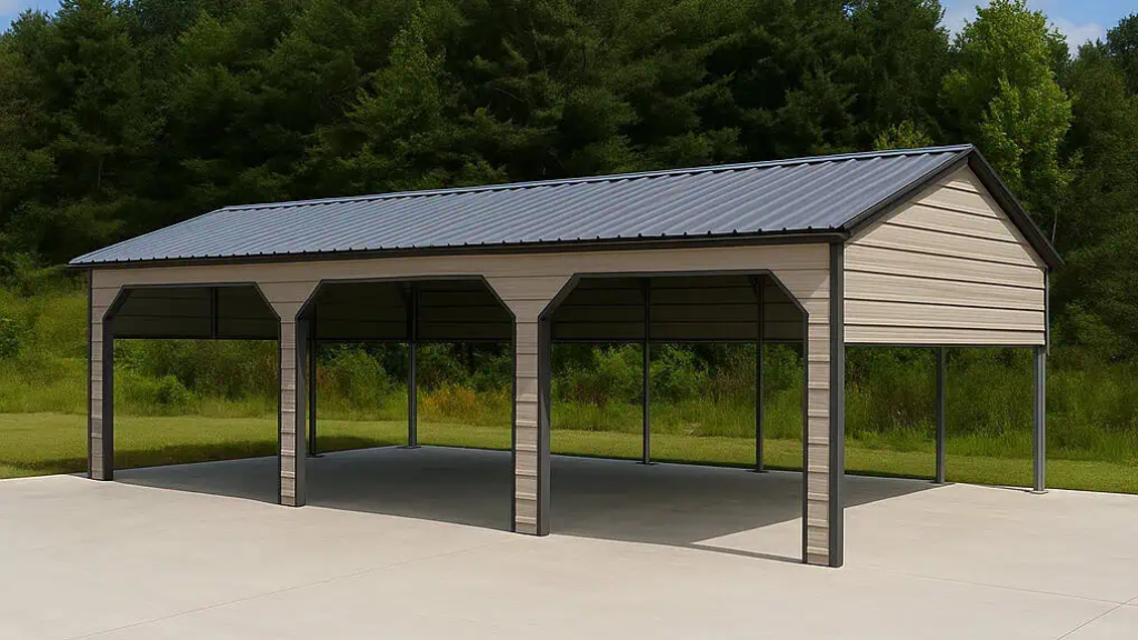 Carport with gray roof and tan siding on a concrete pad in front of trees.