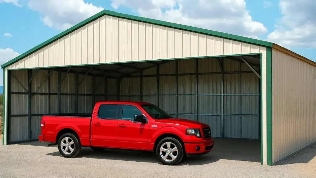 Red SUV parked under a beige carport on a concrete surface. Backyard setting with a wooden fence.