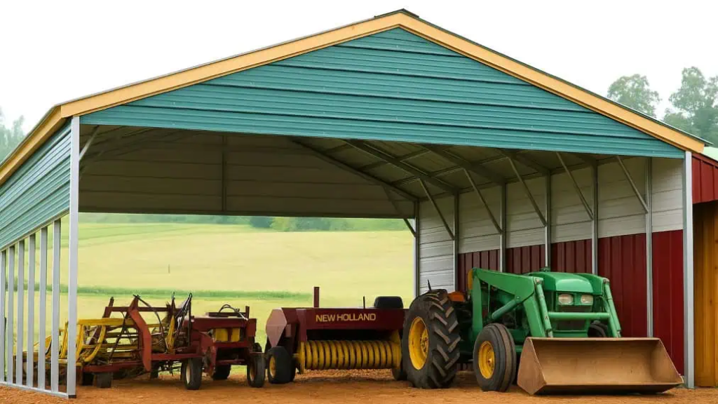 Sandbox under a metal shelter; tires painted red, yellow, and blue surround the sand. Picnic table visible.