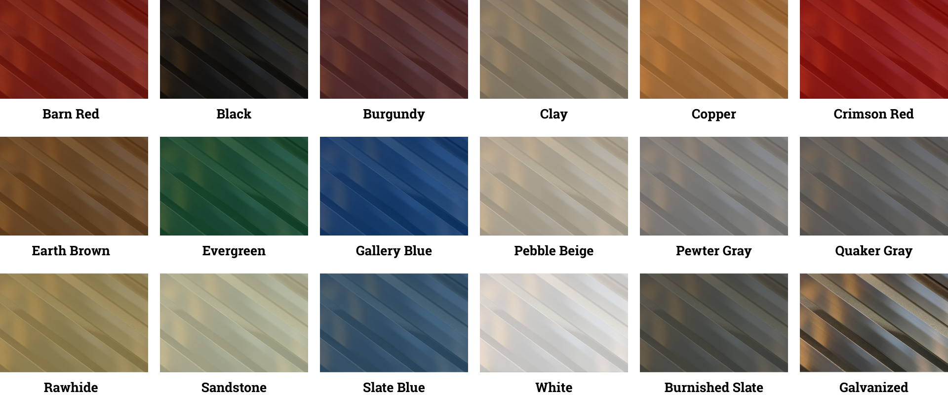 Color swatches for building materials, featuring hues like gray, red, brown, blue, and black.