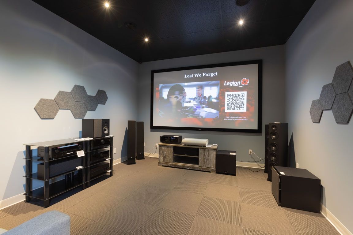 Salle de cinéma maison avec écran de projection, haut-parleurs et panneaux d'insonorisation sur murs gris, plafond noir.